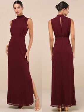 NWOT Lulu’s Classic Elegance Plum Chiffon Sleeveless Mock Neck Maxi Dress Medium